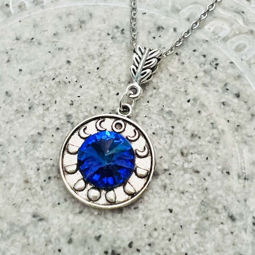 Silver Moon Phase Blue Crystal Necklace Handmade by Wandering Bunny LLC